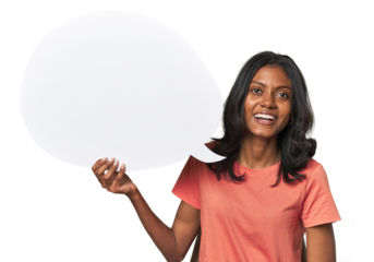 Indian woman with dialogue bubble laughing and having fun.