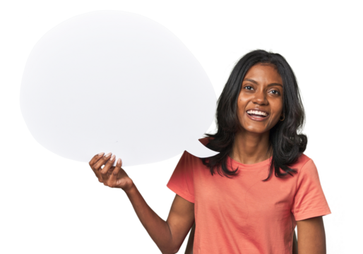 Indian woman with dialogue bubble laughing and having fun.