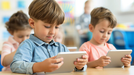 'school children using tablets for learning in a bright classroom, teacher guiding them through an interactive lesson' 