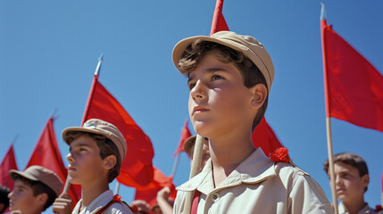 'school scouts in uniform standing in a line, holding flags, bright sunny day' 