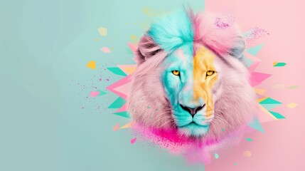 Fototapeta premium Lion's face split symmetrically with vibrant pink and blue colors, blending abstract geometric shapes, embodying strength and duality.