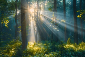 Obraz premium Forest sunlight filtering through green leaves