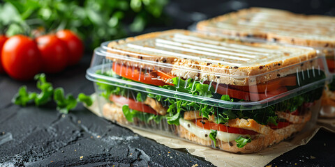 A healthy plastic school lunch box containing a sandwich, suitable for school or a picnic.