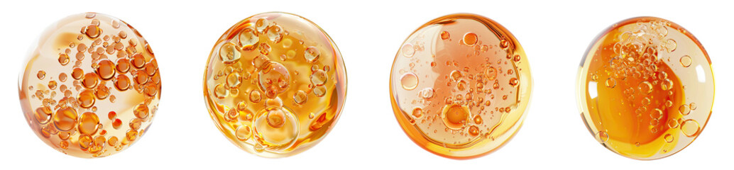 Set of 3D oil serum bubble with molecules inside, isolated on white background, png