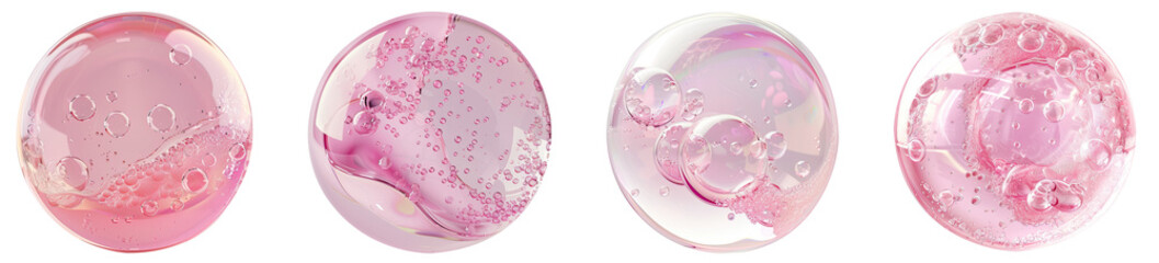 Set of 3D pink serum bubble with molecules inside, isolated on white background, png