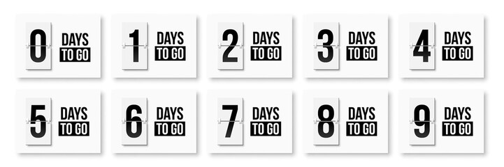Countdown days to go poster. Count time display with all numbers from zero to nine. Sales or promotion clock. Realistic vector illustration isolated on white.