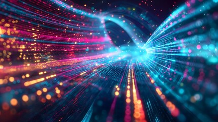 Obraz premium 4. Generate a dynamic visualization of information flow depicted as streams of light particles converging and diverging across a cybernetic network background.