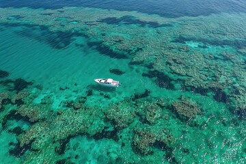 Fototapeta premium One small white boat cruising along the reef in Exmouth, Western Australia. Beautiful turquoise water and corals view from the sky. Scenic flight with a drone.