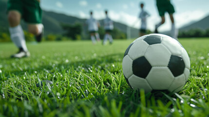 'students wearing school sports uniforms, playing soccer on a green field, intense action'