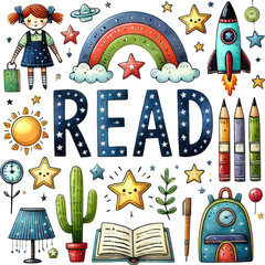 Fototapeta premium Watercolor Back to School Clipart PNG with playful designs of school supplies, perfect for enhancing kid's learning experiences and classroom activities. Ideal for teachers and students educational.