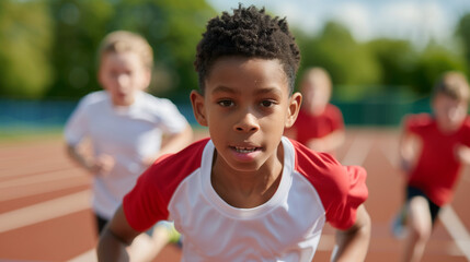 'students wearing school sports uniforms, running track and field events, action shot' 