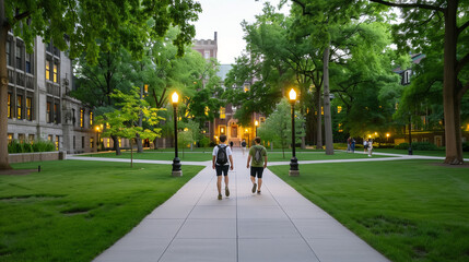 'university campus at dusk, students walking along tree-lined paths, historical buildings illuminated' 