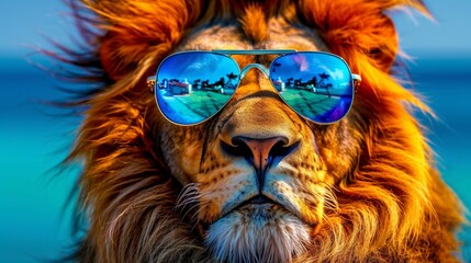 a fictional lion in sunglasses against the background of the sea