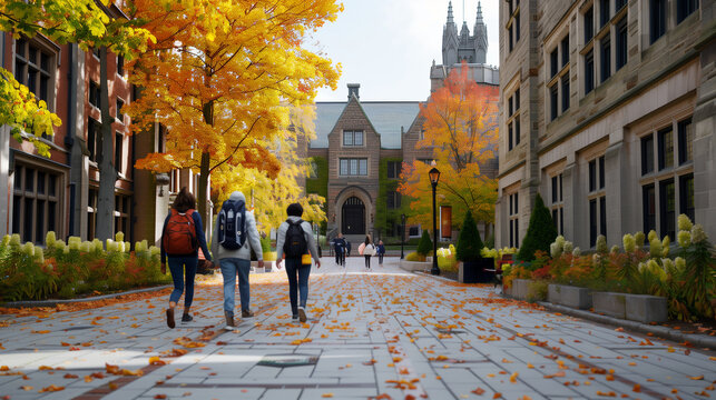 'university students walking through a campus courtyard, carrying backpacks, fall leaves on the ground, historical buildings in the background' 