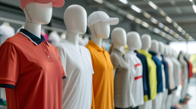 'variety of school sports uniforms displayed on mannequins, different sports and styles' 