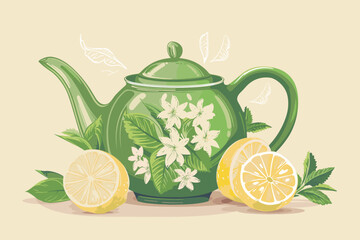 Refreshing Teapot and Cup Set with Hot Lemon Tea on Bright Background