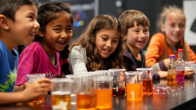 Excited Children Conducting Science Experiment in Classroom