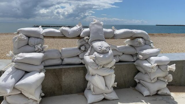 Military sandbag fortification with embrasure on Tereshkova Embankment of the resort town Yevpatoria, Crimea, Russia 2024
