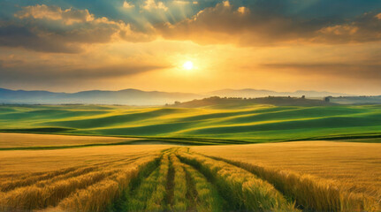 Obraz premium Beautiful sunset in the field landscape