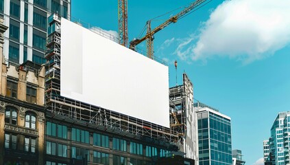 A large white billboard is being constructed on the side of an urban building, surrounded by cranes and scaffolding.