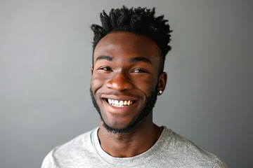 Fototapeta premium Portrait of a tender afro-american man in his 20s smiling at the camera isolated on plain cyclorama studio wall