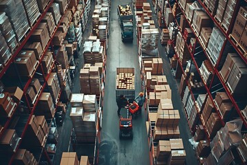 Obraz premium Truck navigating warehouse amidst boxes