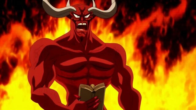 Animated demon with horns in hell with a book in his hands against a background of flames.
Concept: demonology, fantasy, horror, mythology, Halloween