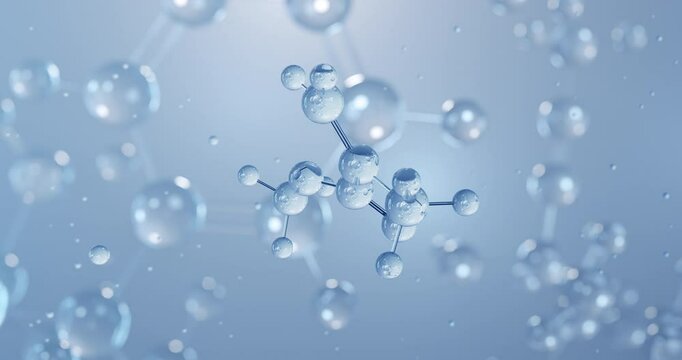 Methyl methacrylate, rotating 3D model of methacrylate esters, seamless looped video, molecular structure with selective focus