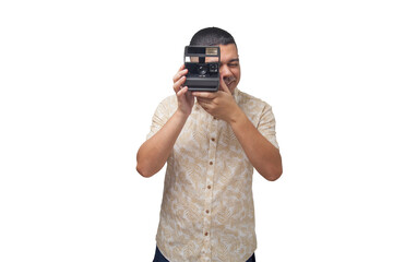 Portrait of photographer with vintage camera on neutral background. Photographer concept. Portrait concept. Copy space.