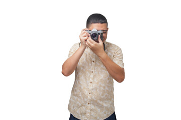 Portrait of photographer with vintage camera on neutral background. Photographer concept. Portrait concept. Copy space.