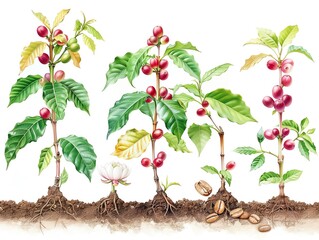 Diagram of Coffea arabica plant lifecycle, showing growth stages from seed to mature plant, white background