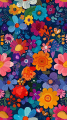 Playful Seamless Pattern with Vibrant Flowers, Adorable Chickens, and Colorful Easter Eggs in Charming Cartoon Style