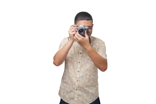 Portrait of photographer with vintage camera on neutral background. Photographer concept. Portrait concept. Copy space.