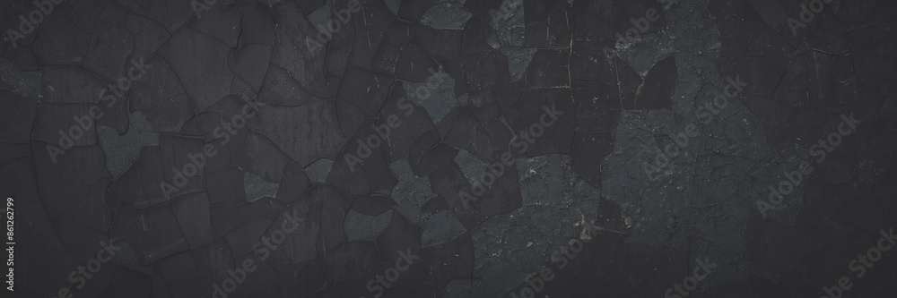 Wall mural dark wide panoramic background. peeling paint on a concrete wall. faded dark texture of old cracked 