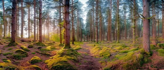 Panoramic view over a magical pinewood, pine forest with ancient aged trees covered with moss and mossed forest bed, Germany, at warm sunset Spring evening