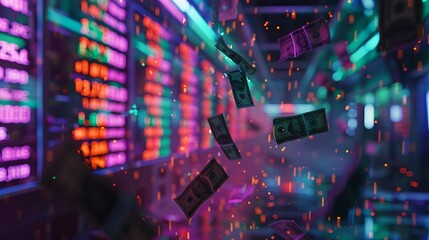 Obraz premium Money Falling in Front of Illuminated Stock Ticker