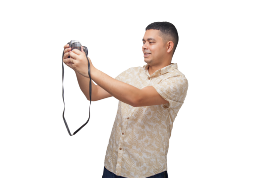 Portrait of photographer with vintage camera on neutral background. Photographer concept. Portrait concept. Copy space.