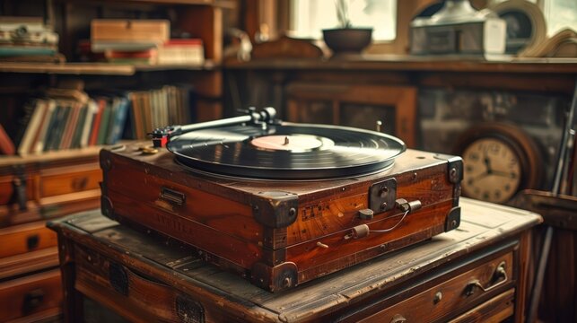 An antique wooden record player sits on a vintage table, surrounded by other antique items in a dimly lit room.