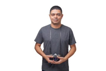 Portrait of photographer with vintage camera on neutral background. Photographer concept. Portrait concept. Copy space.