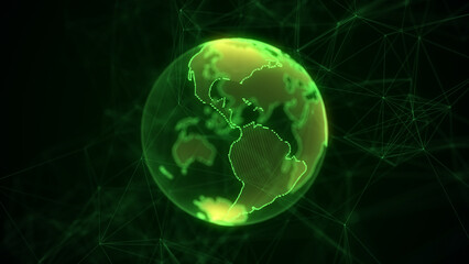 Virtual planet Earth with particles and lines. Network connection big data. Abstract technology background. 3D rendering.