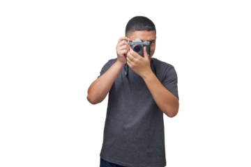 Portrait of photographer with vintage camera on neutral background. Photographer concept. Portrait concept. Copy space.