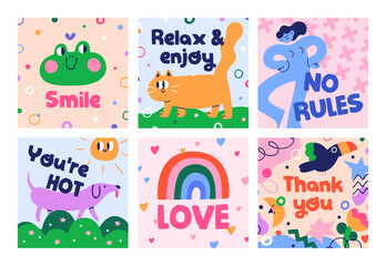 Funny cute card designs set. Abstract square backgrounds with creative doodle adorable comic art in modern trendy style. Colorful postcards, positive happy phrases. Flat graphic vector illustrations