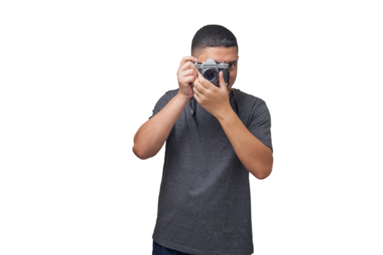 Portrait of photographer with vintage camera on neutral background. Photographer concept. Portrait concept. Copy space.