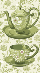 Seamless Pattern with Elegant Green Teapot and Matching Cup Set on Decorative Background