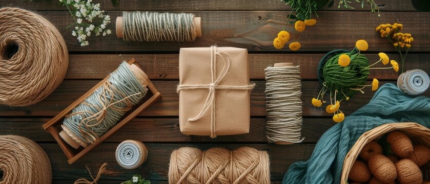 Rustic wooden background with twine, gifts, and flowers.