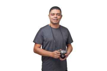 Portrait of photographer with vintage camera on neutral background. Photographer concept. Portrait concept. Copy space.