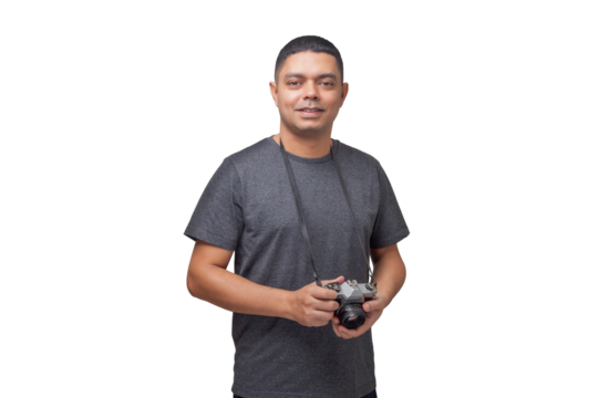 Portrait of photographer with vintage camera on neutral background. Photographer concept. Portrait concept. Copy space.