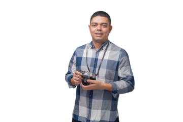 Portrait of photographer with vintage camera on neutral background. Photographer concept. Portrait concept. Copy space.