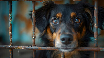 A sad and abandoned homeless dog behind the bars of an animal shelter cage, highlighting the issue of stray animals and the need for adoption and care for abandoned pets