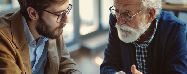 Elderly man mentoring a young entrepreneur in a modern office setting The senior mentor is offering guidance and advice to the ambitious young businesswoman